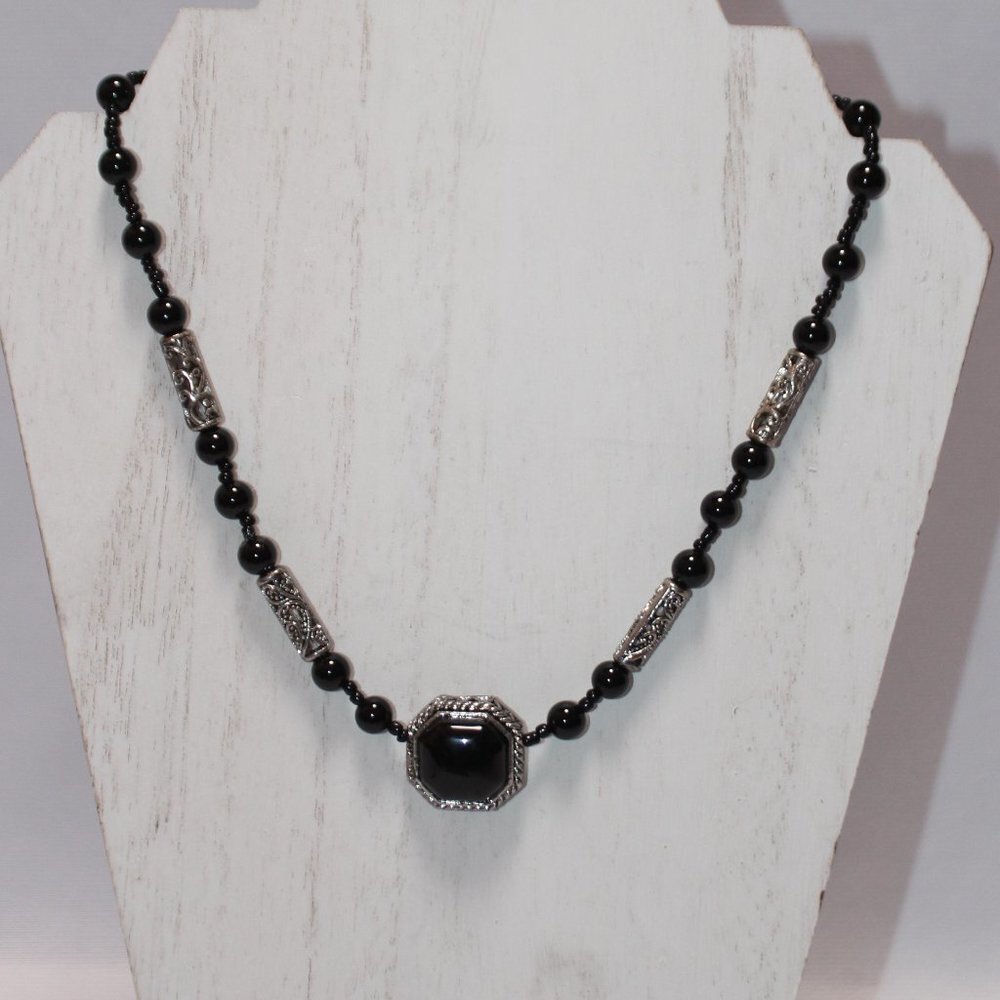 Silver and Black Onyx and Bead Necklace